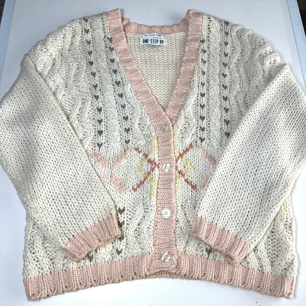 VTG 90s Womens Chunky Knit Cardigan Sweater M Hand Knitted Pastel Cottagecore